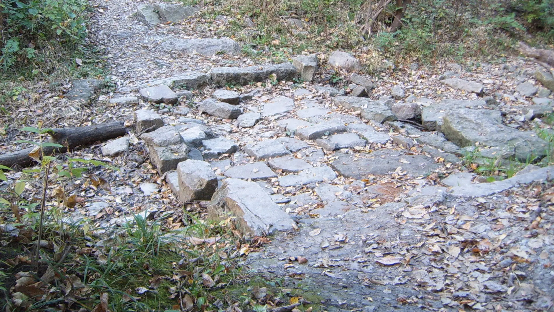 A brick bridge. The bricks are not even and are quite rough.