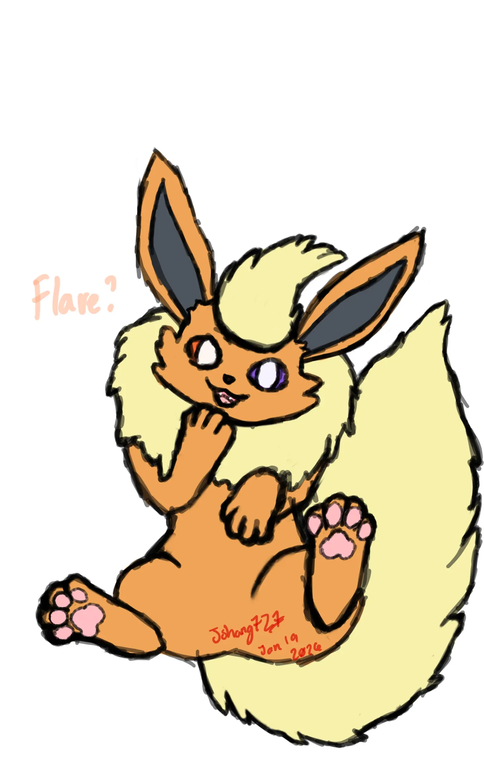 A colored sketch of a flareon on his back.