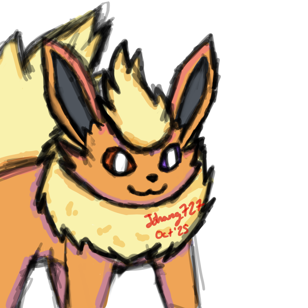 A portrait picture of a flareon's face at an angle.