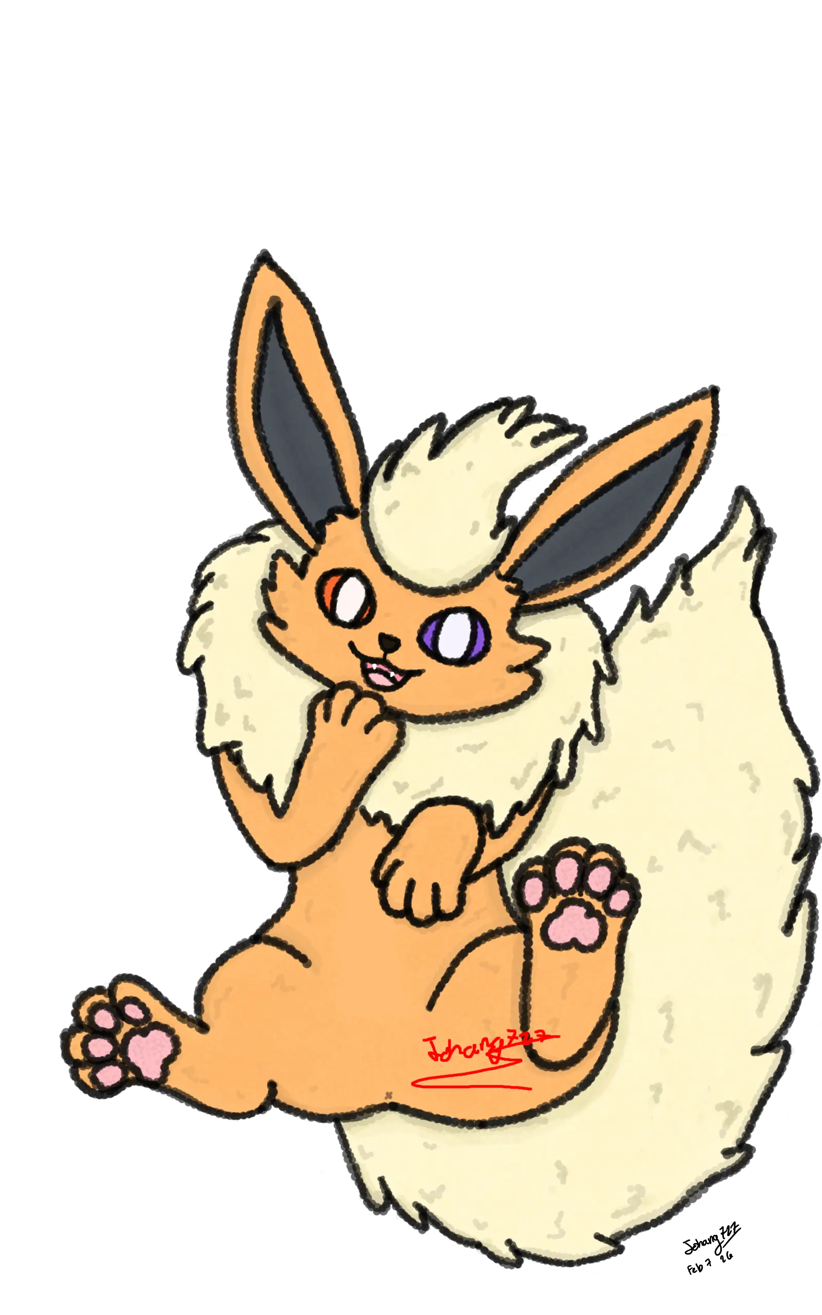 A finished drawing of a flareon on his back with lighter colors than before