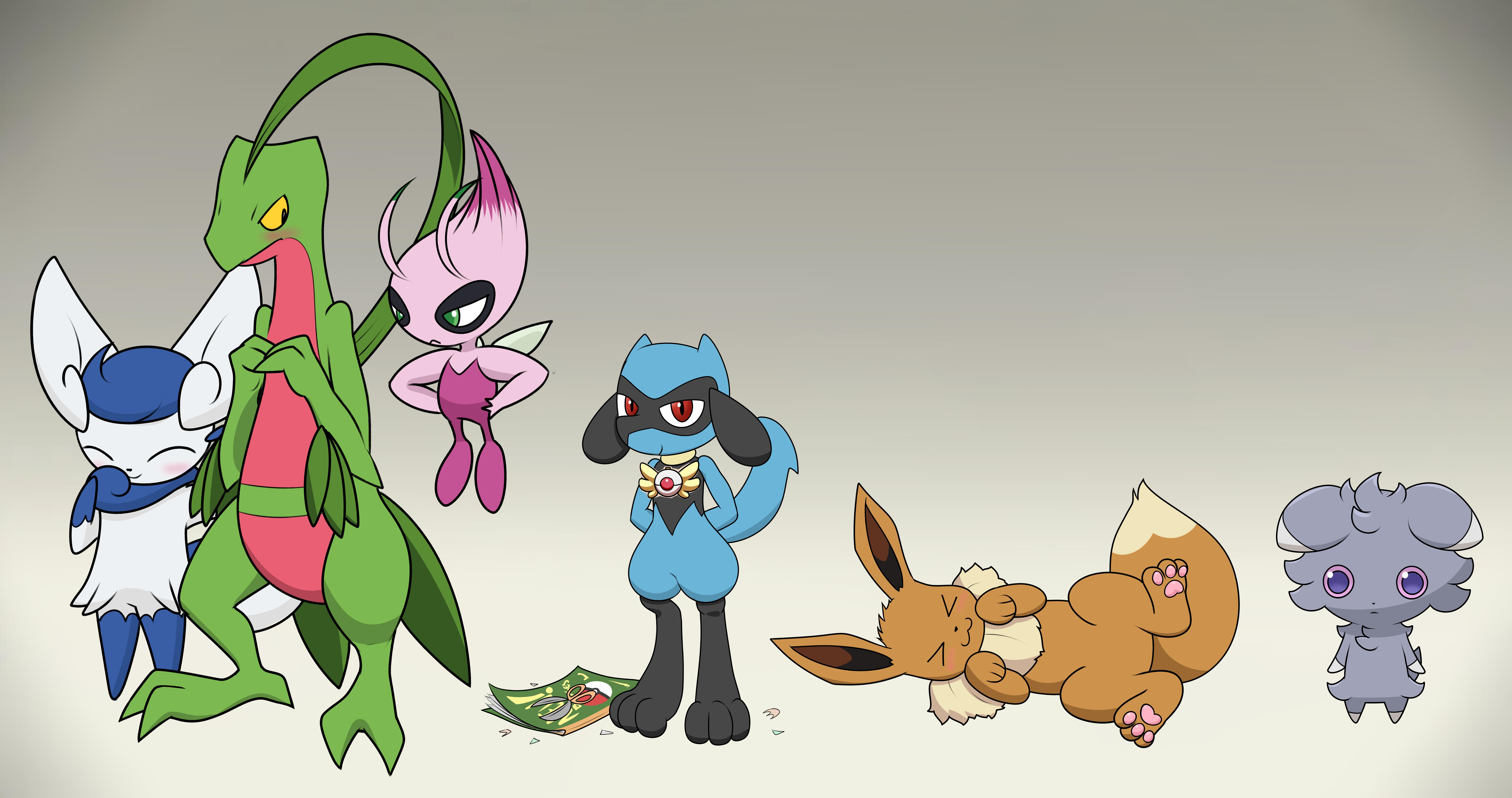 The group on a white background, presumably in the future somewhere as they aren't evolved.