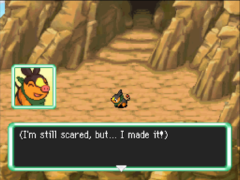 Tepig outside the dungeon saying 'I am still scared, but.. I made it!'.